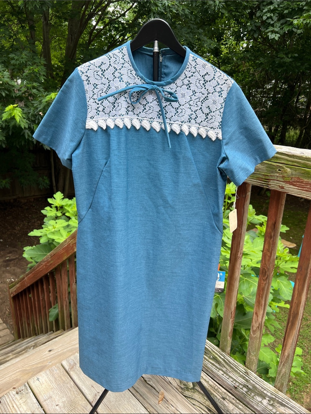 Vintage NWT Blue Lace-Yoke Short Sleeve Dress